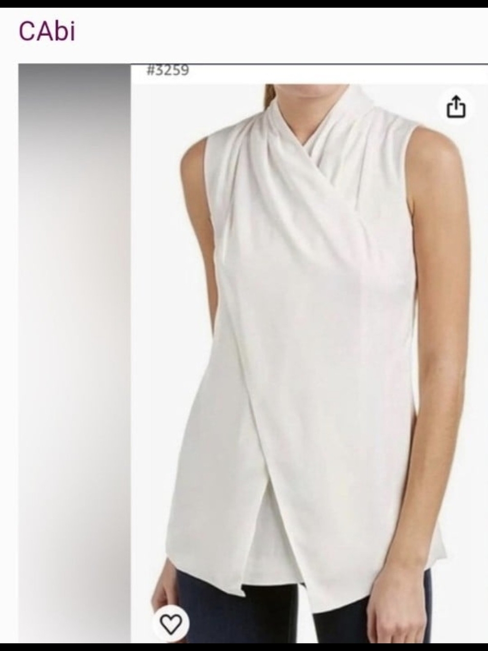 CAbi 3259 Sleeveless Draped Faux Wrap Top With High Neck in Ivory - Medium